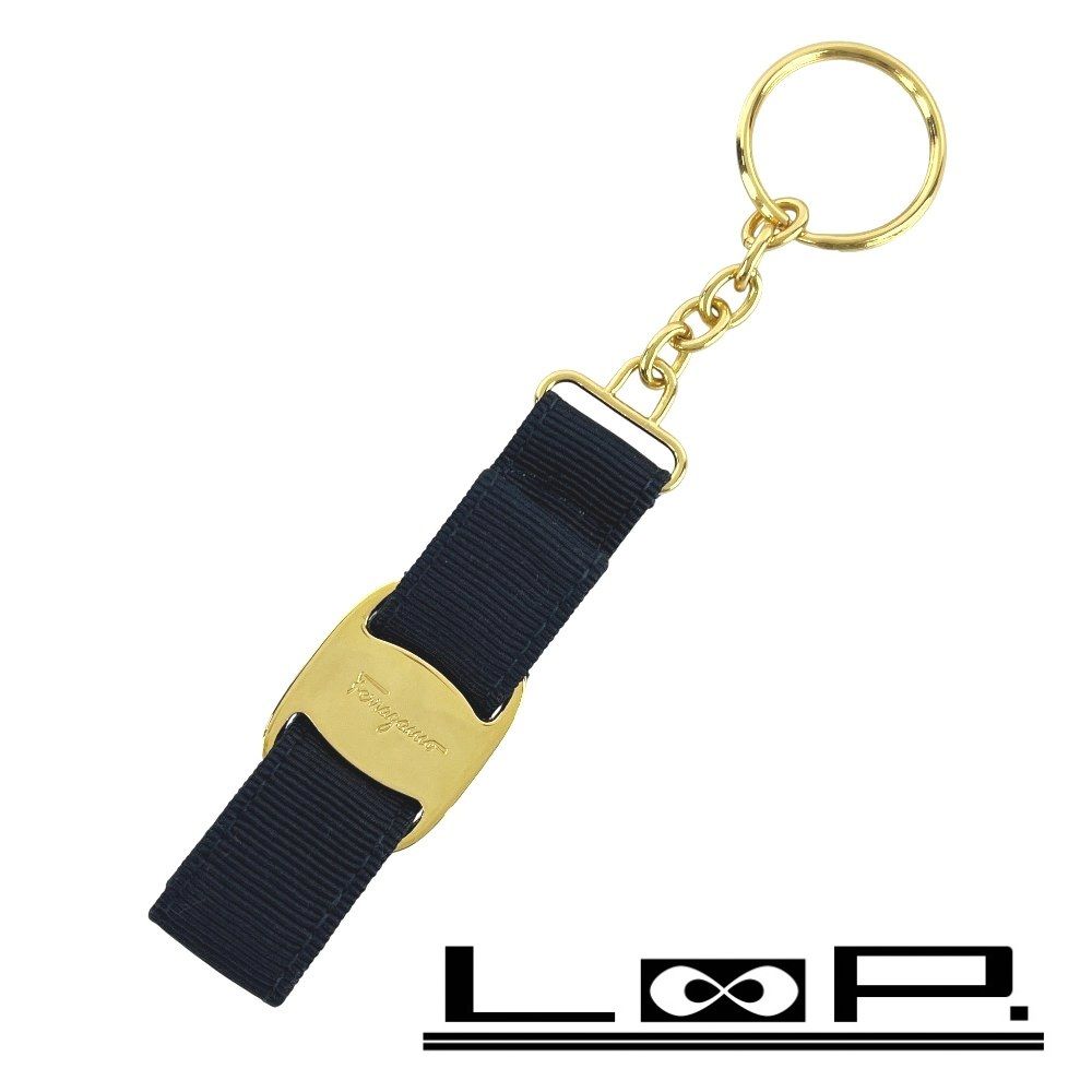 新同 フェラガモ ヴァラ キーホルダー キーチャーム バッグチャーム リボン メタル GP キャンバス ネイビー ゴールド 456022 12