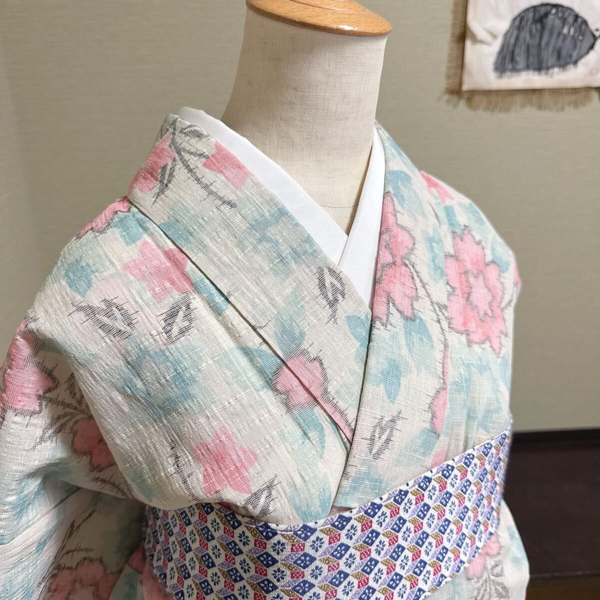 た33】綿紅梅風 浴衣（夏着物風）ピンク×水色 レトロモダン 上品 