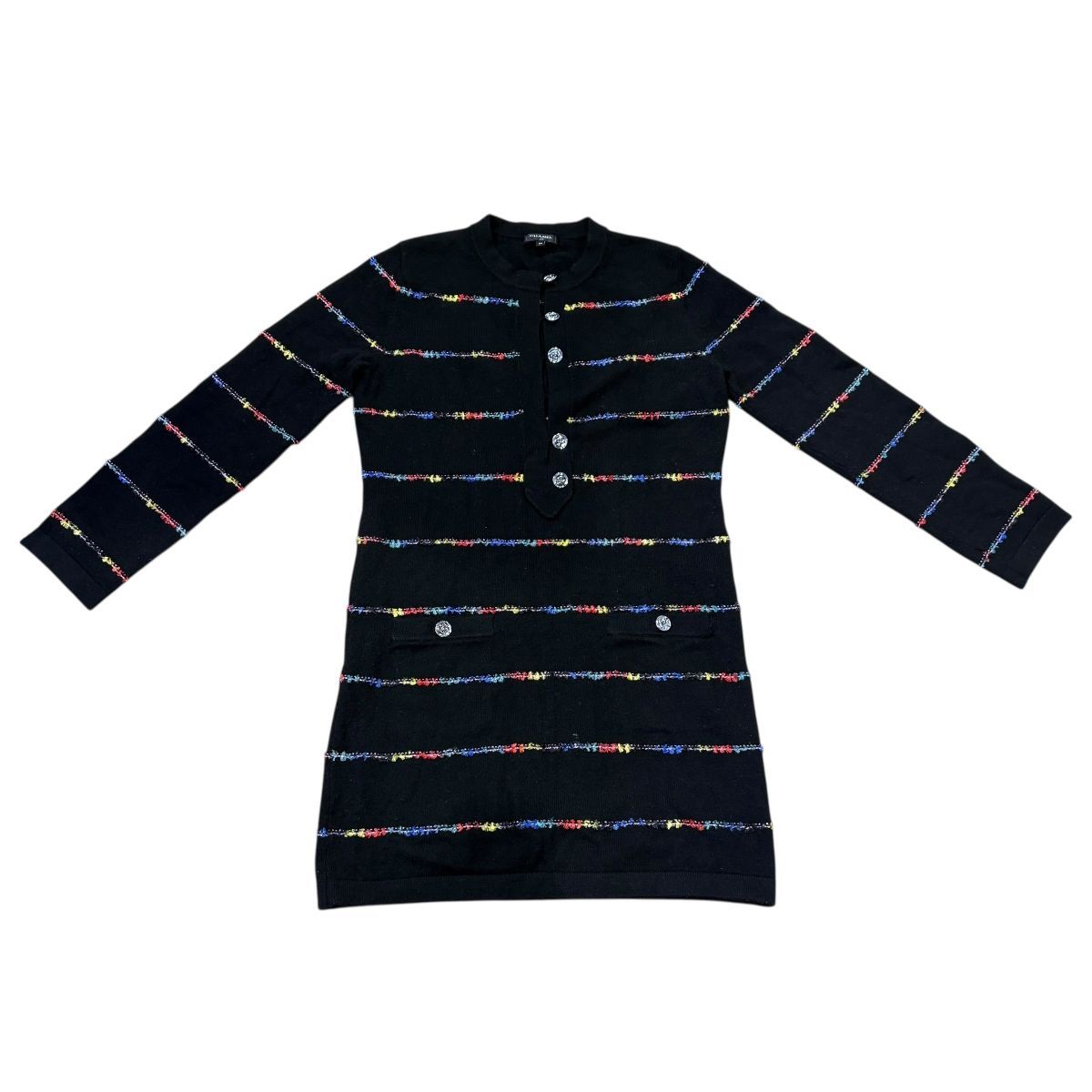 ♪3417 シャネル ワンピース ココマーク 23A P75372K10818 36サイズ ブラック アパレル カシミヤ レインボーステッチ CHANEL