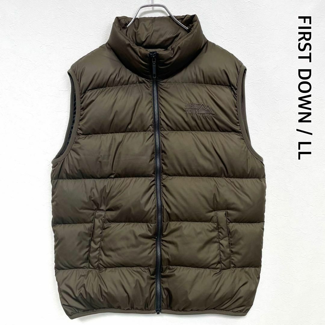 ファーストダウン ダウンベスト 90s ロゴ刺繍 ジップアップ オリーブ LLサイズ Y2K ワンポイント ポケット付き 肉厚 メンズ FIRST DOWN
