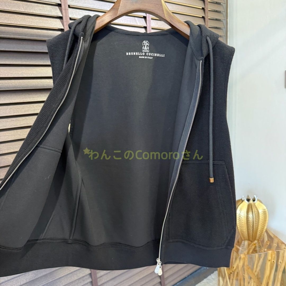 ブラックM 3XL ブルネロクチネリ メンズ ワッフル織りフード付きジップアップベスト ウール混紡 カジュアル-ビジネス ロゴ入り KARIMZIABAT_FR