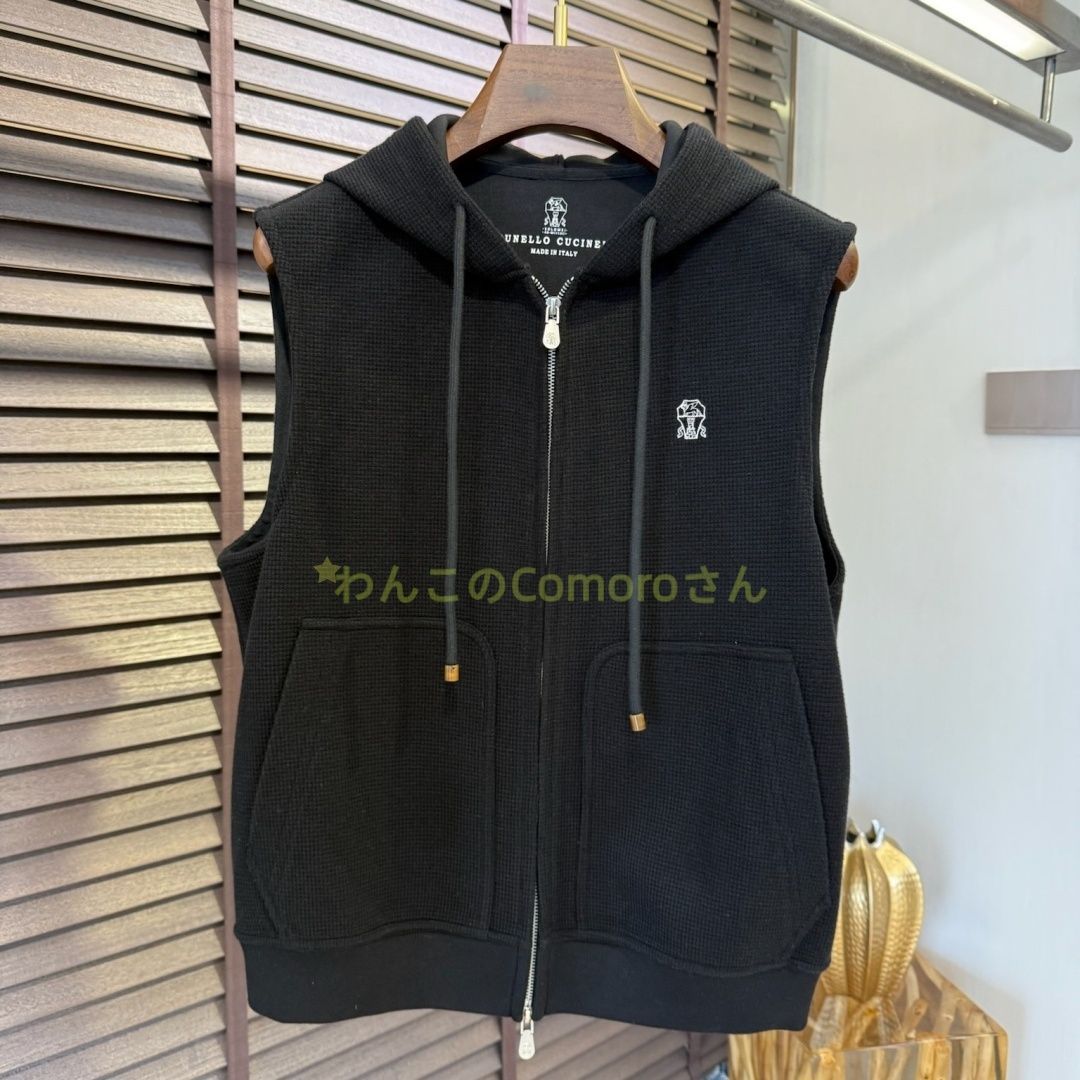 ブラックM 3XL ブルネロクチネリ メンズ ワッフル織りフード付きジップアップベスト ウール混紡 カジュアル-ビジネス ロゴ入り