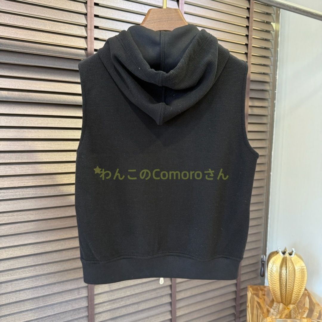 ブラックM 3XL ブルネロクチネリ メンズ ワッフル織りフード付きジップアップベスト ウール混紡 カジュアル-ビジネス ロゴ入り