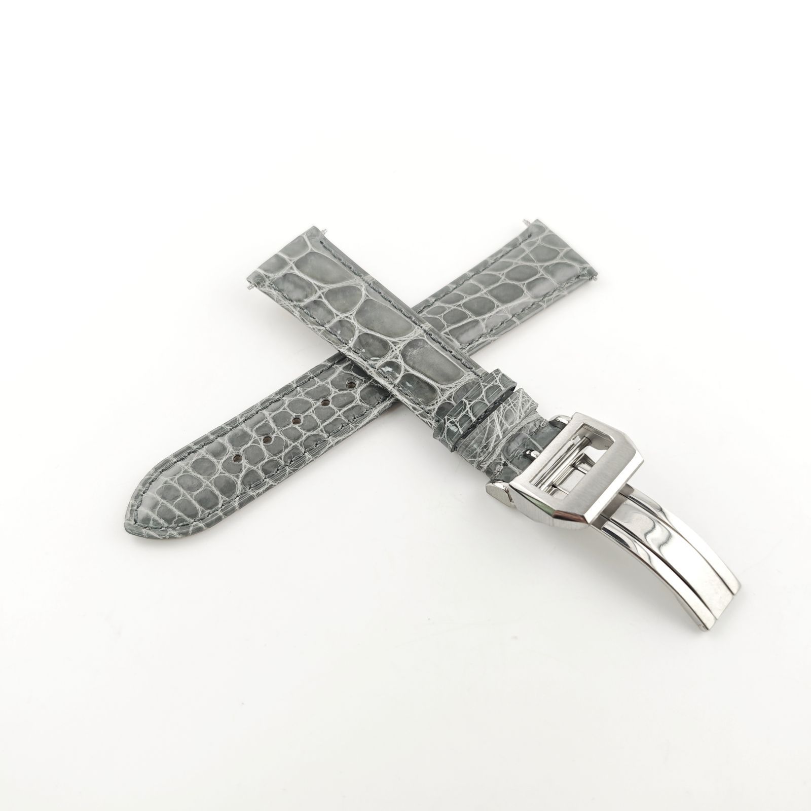 20mm 腕時計 アリゲーターレザー ワニ革ベルト グレー Dバックル付属 対応 IWC ポルトギーゼ パイロット ポートフィノ等