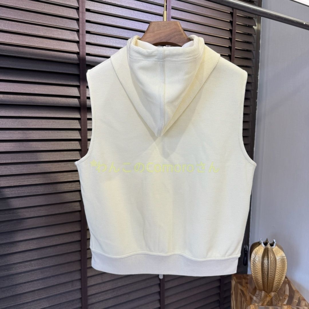 ホワイトM 3XL ブルネロクチネリ メンズ ワッフル織りフード付きジップアップベスト ウール混紡 カジュアル-ビジネス ロゴ入り