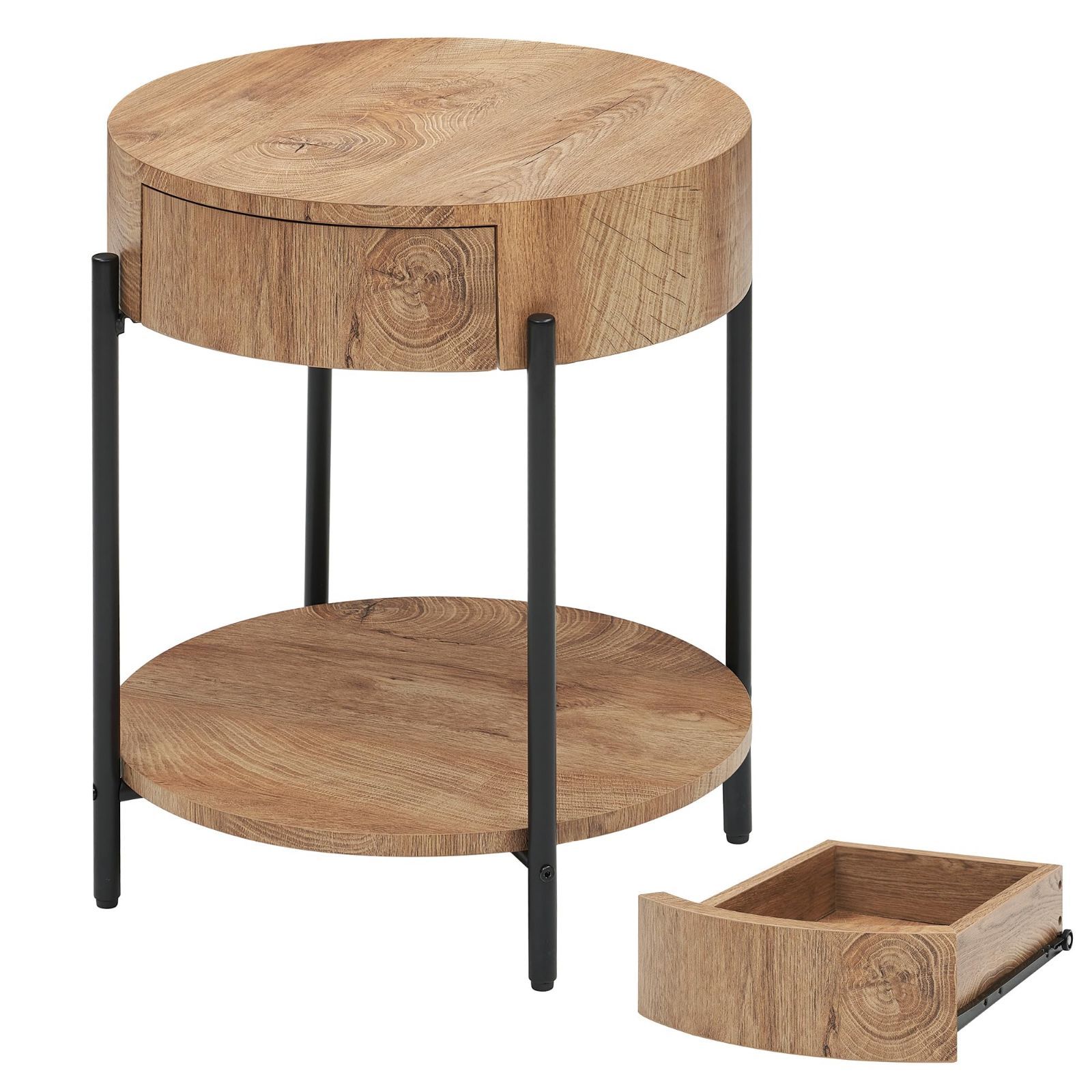 サイドテーブル 引き出し付き 丸 円形 棚付き 2層エンドテーブル 木目調 モダンスタイル