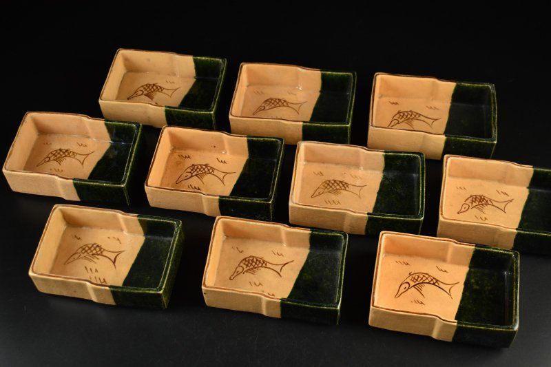 蔵A5467d 大樋焼 魚文向付 角鉢 十客