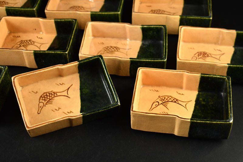 蔵A5467d 大樋焼 魚文向付 角鉢 十客