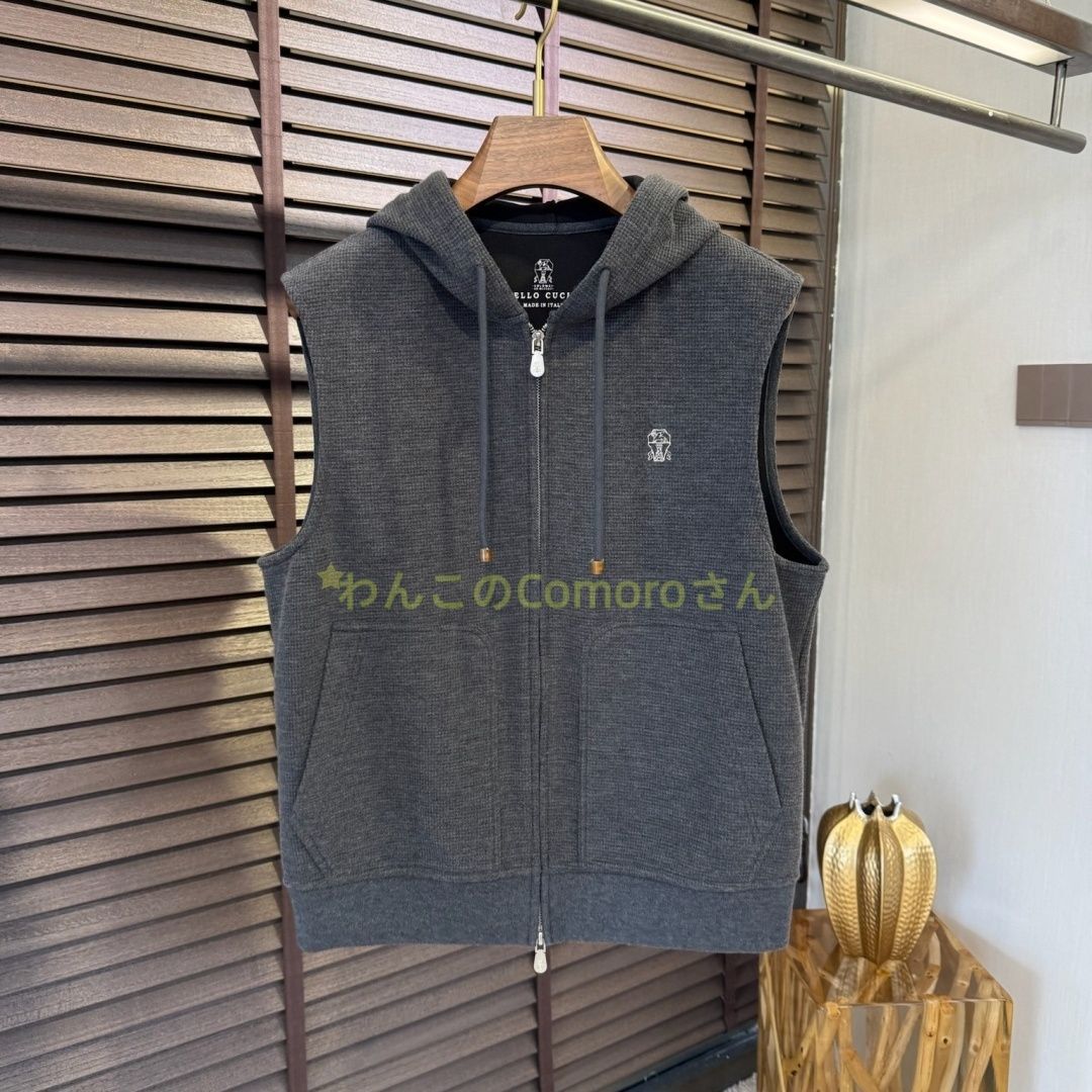 グレーM 3XL ブルネロクチネリ メンズ ワッフル織りフード付きジップアップベスト ウール混紡 カジュアル-ビジネス ロゴ入り