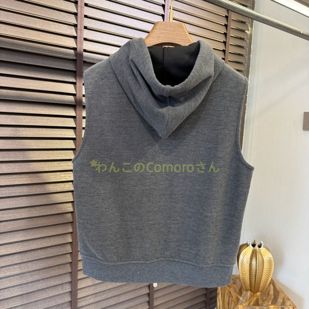 グレーM 3XL ブルネロクチネリ メンズ ワッフル織りフード付きジップアップベスト ウール混紡 カジュアル-ビジネス ロゴ入り