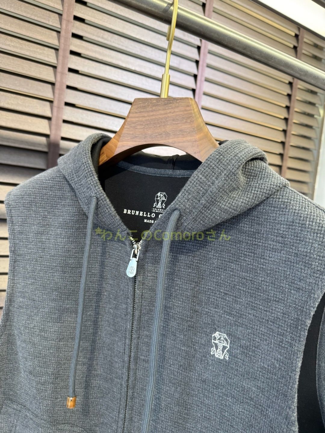 ワッフル織りフード付きジップアップベスト ウール混紡