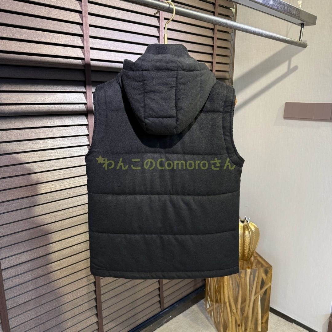 ブラックM～３XL ブルネロクチネリ メンズビジネスカジュアルフード付きベスト ウール混紡コットン 防風保温秋冬用ジップアップ