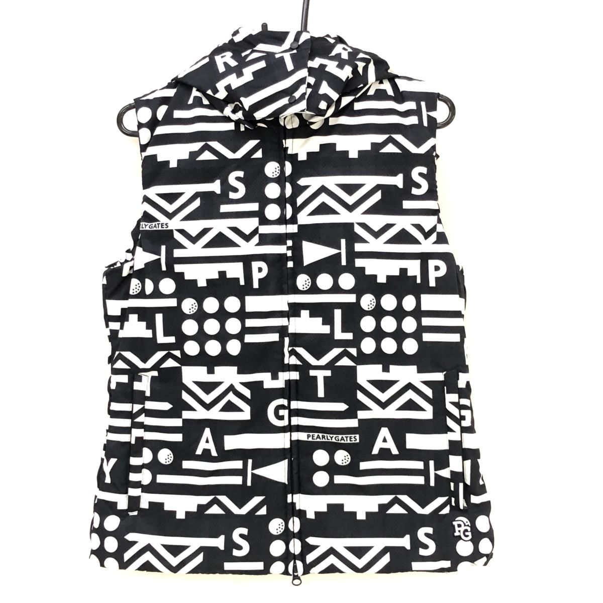 超 パーリーゲイツ 2WAYダウンベスト 黒×白 総柄 フード着脱可 レディース 1 M ゴルフウェア PEARLY GATES