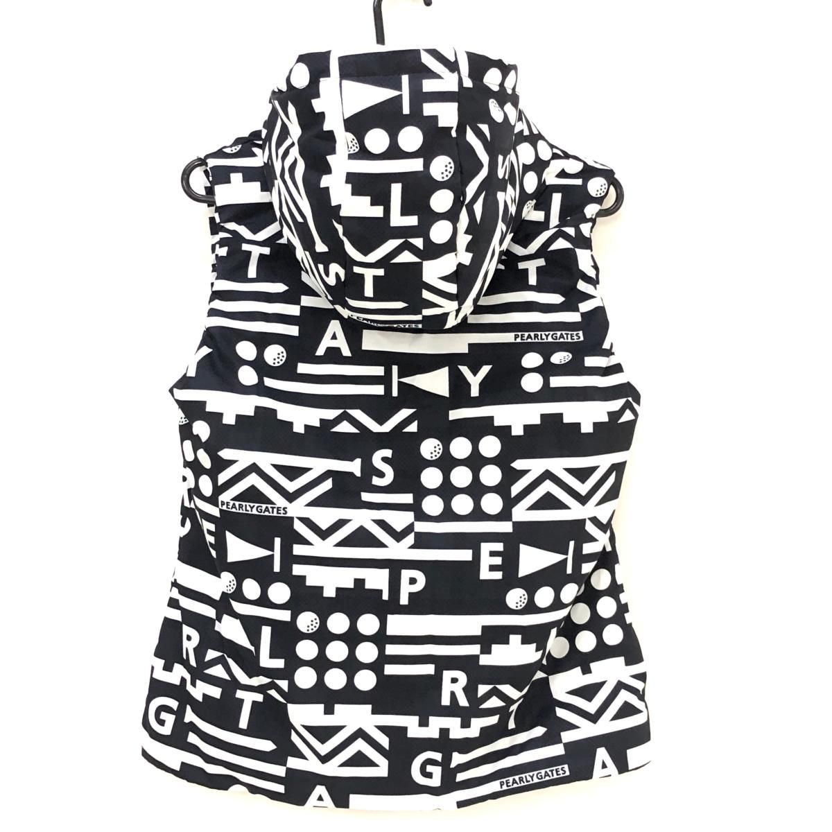 超 パーリーゲイツ 2WAYダウンベスト 黒×白 総柄 フード着脱可 レディース 1 M ゴルフウェア PEARLY GATES