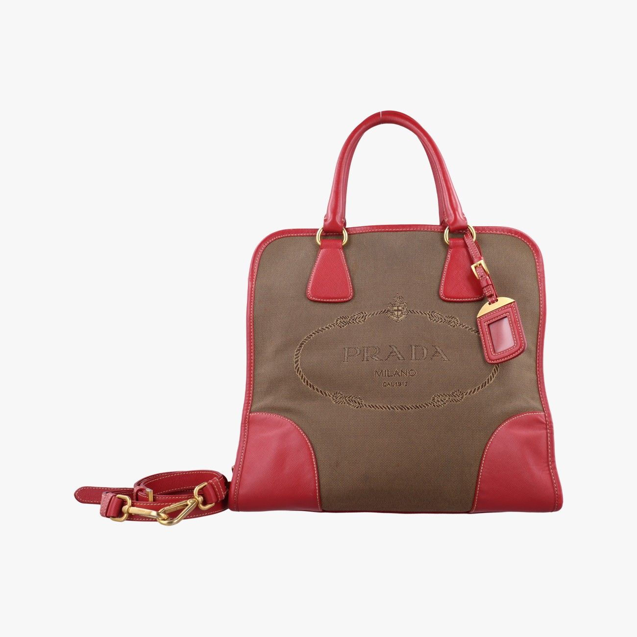 プラダPradaロゴ ジャカード ベージュ×レッドキャンバス×サフィアーノレザーBN2254194