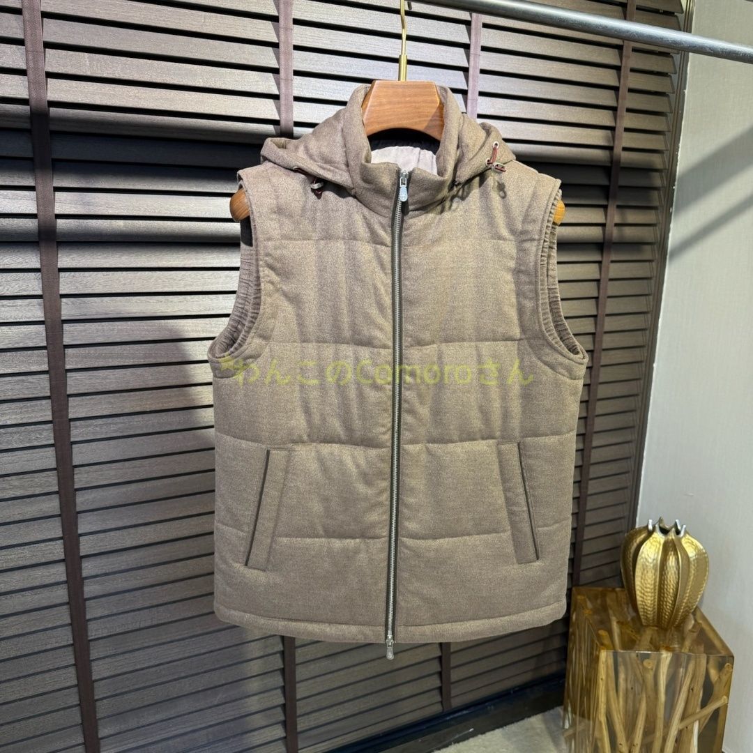 カーキM～３XL 送料無料 ブルネロクチネリ メンズビジネスカジュアルフード付きベスト ウール混紡コットン 防風保温秋冬用ジップアップ