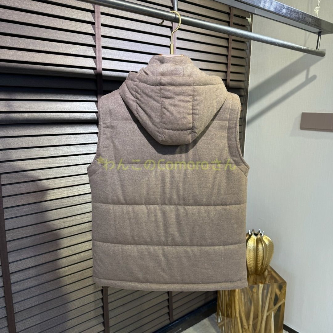 カーキM～３XL ブルネロクチネリ メンズビジネスカジュアルフード付きベスト ウール混紡コットン 防風保温秋冬用ジップアップ