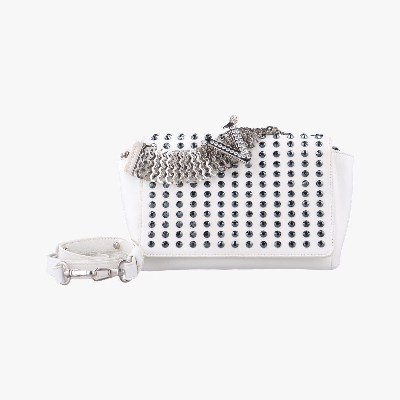 ヴェルサーチェ ヴェルサーチ VERSACEスタッズクリスタルチェーン ホワイト レザー