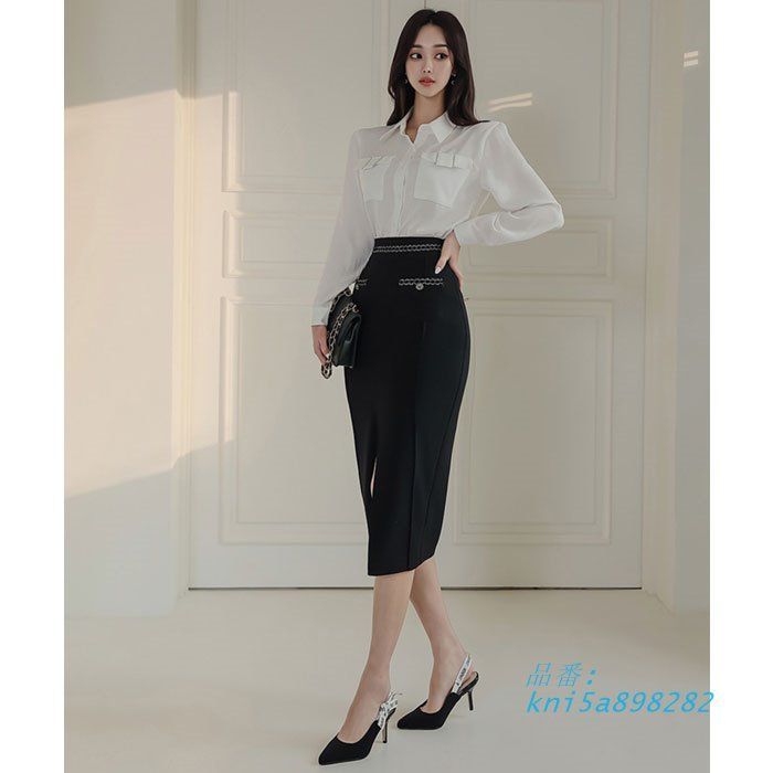 襟付き長袖ブラウス ミディ丈スリットタイトワンピース 白×黒 韓国 レディース ファッション kni5a898282