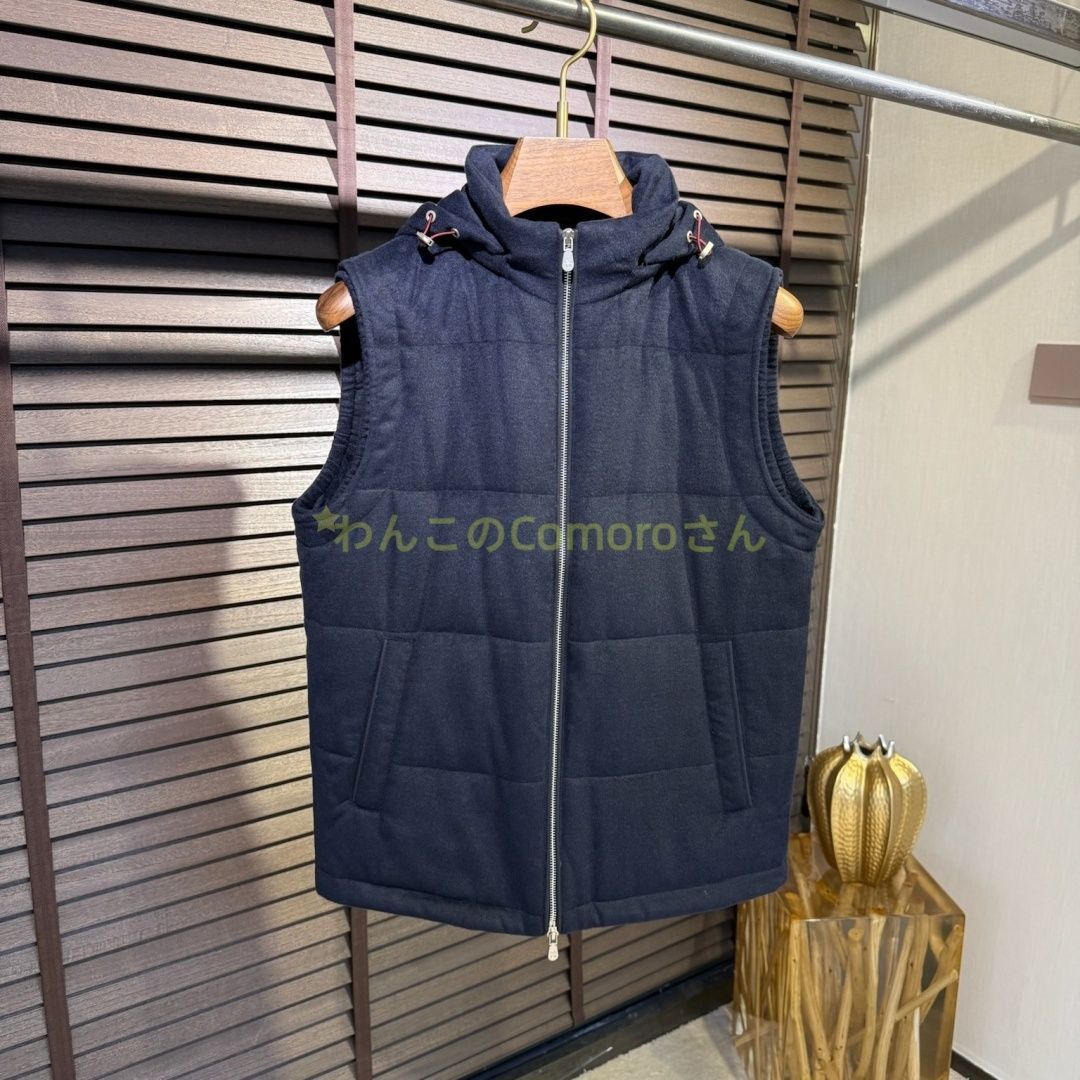 ネイビーM～３XL ブルネロクチネリ メンズビジネスカジュアルフード付きベスト ウール混紡コットン 防風保温秋冬用ジップアップ