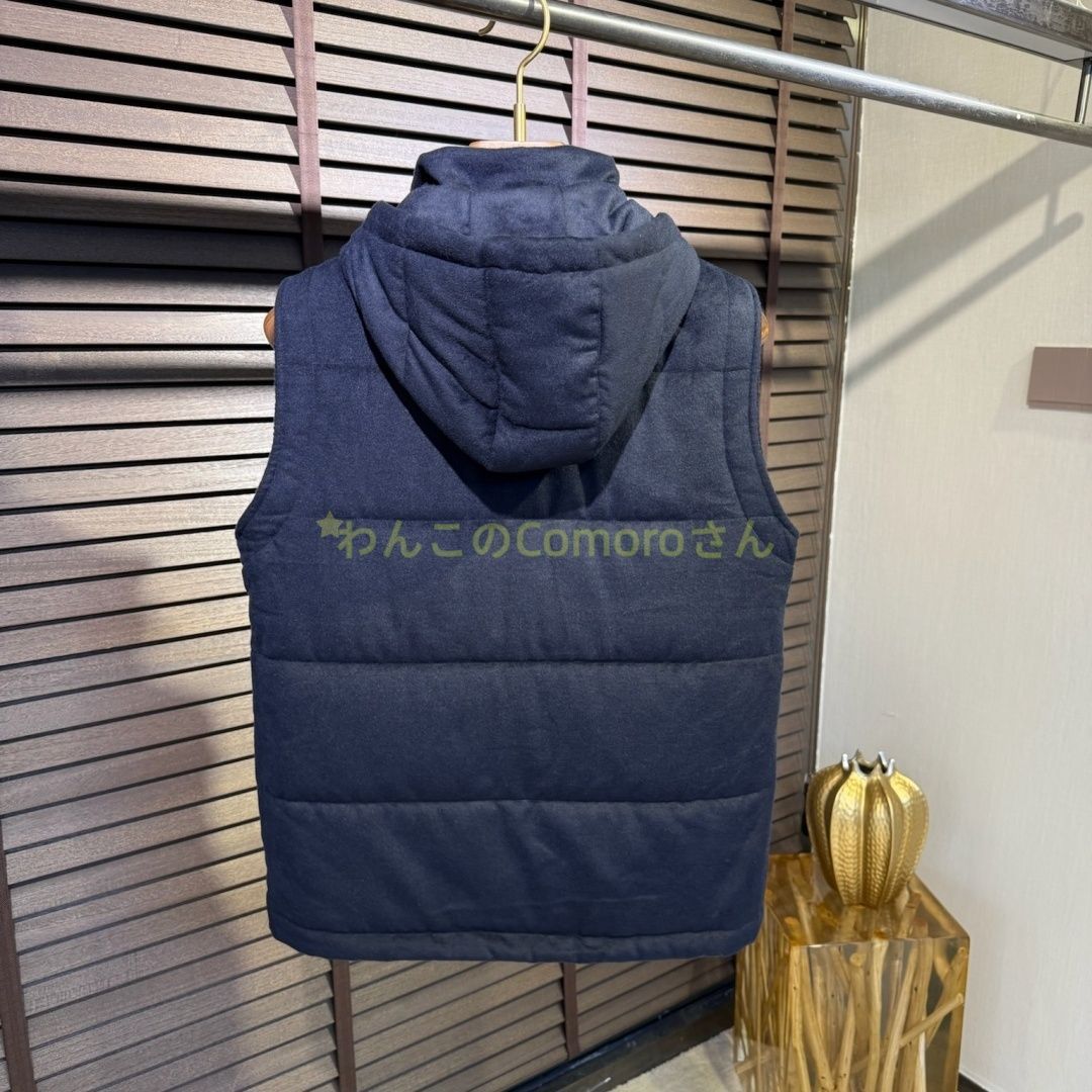 ネイビーM～３XL ブルネロクチネリ メンズビジネスカジュアルフード付きベスト ウール混紡コットン 防風保温秋冬用ジップアップ