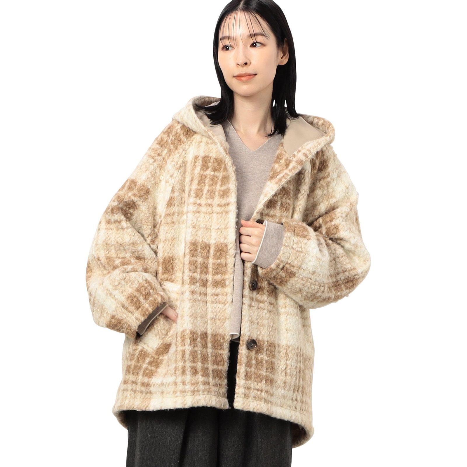 コムサイズム ONIGIRI ループチェック フーディーコート 52-25MI71-204 F ベージュ