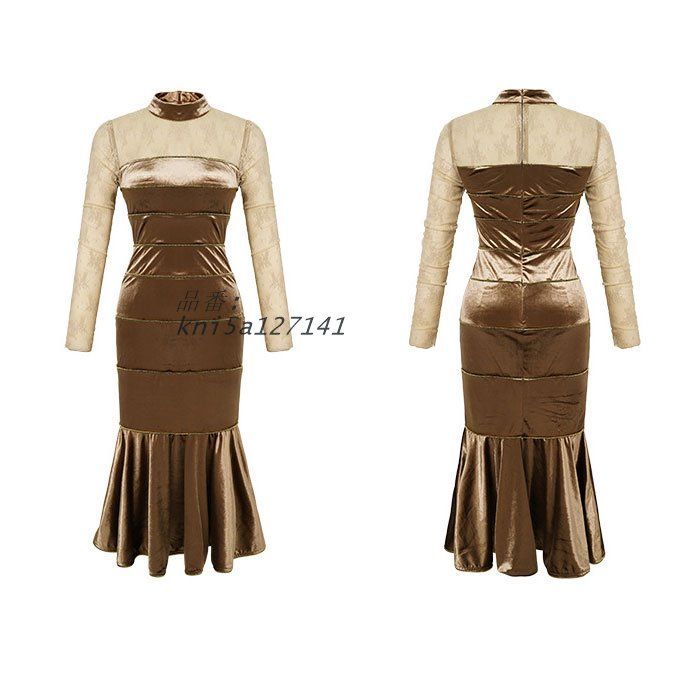 シースルーレース長袖 ミモレ丈タイトベルベットドレスワンピース