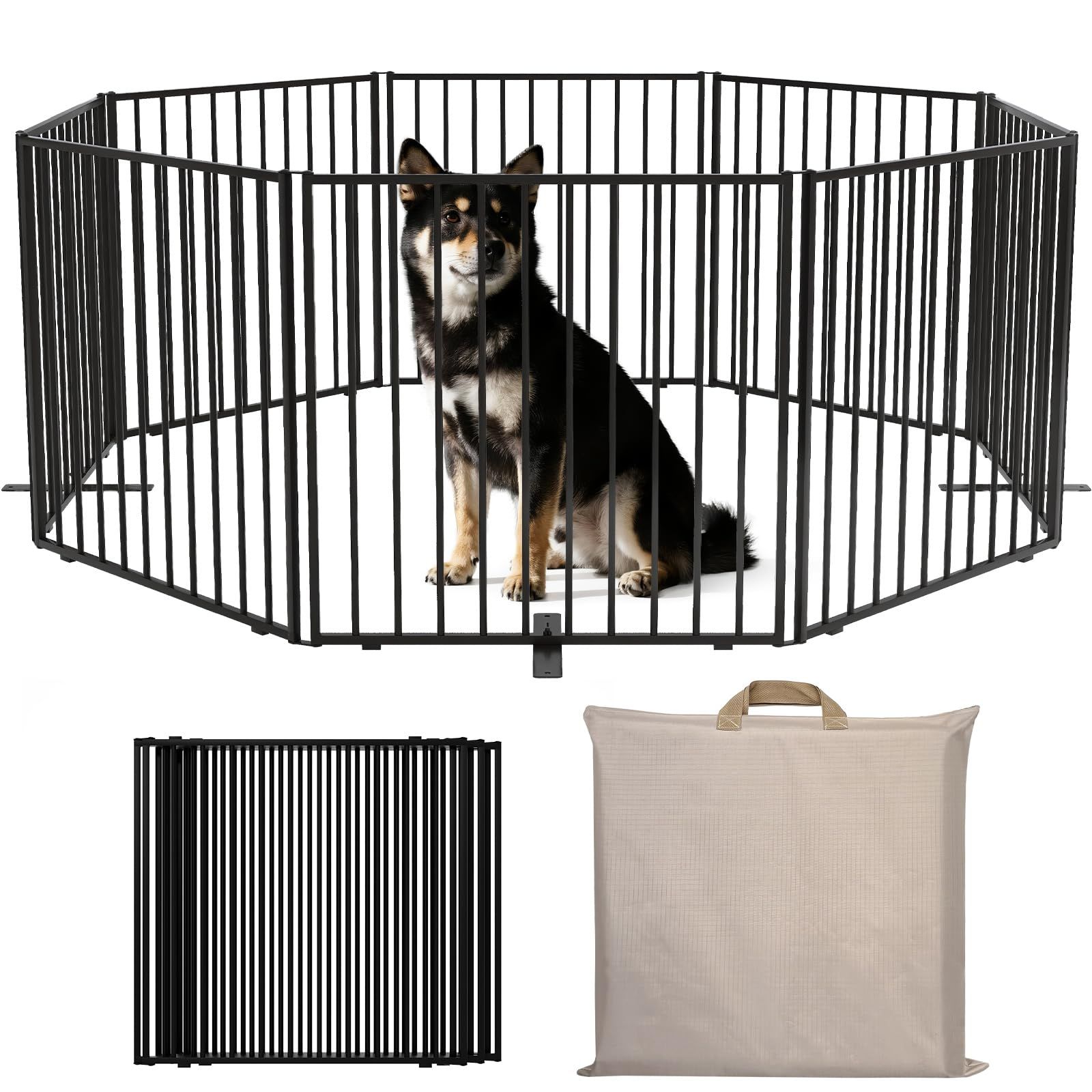 U-YocanPet ペットサークル 折りたたみ 小型 犬 サークル ペットゲート 置くだけ ペットフェンス スチール製 犬ゲージ 収納バッグ付き キャンプ用 室内外兼用 持ち運び便利 高さ50cm×幅396cm パネル8枚