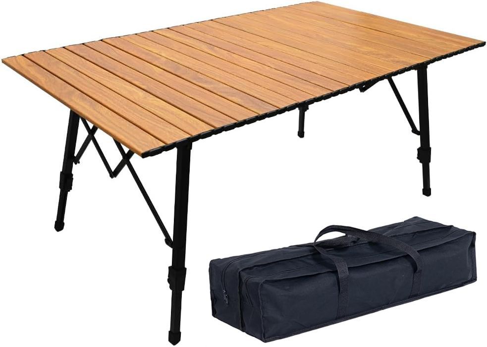 アウトドアテーブル キャンプテーブル ウッド 調 高さ調整 テーブル ロールテーブル キャンプ アウトドア 軽量 木目 ブラウンウッド 120×70cm