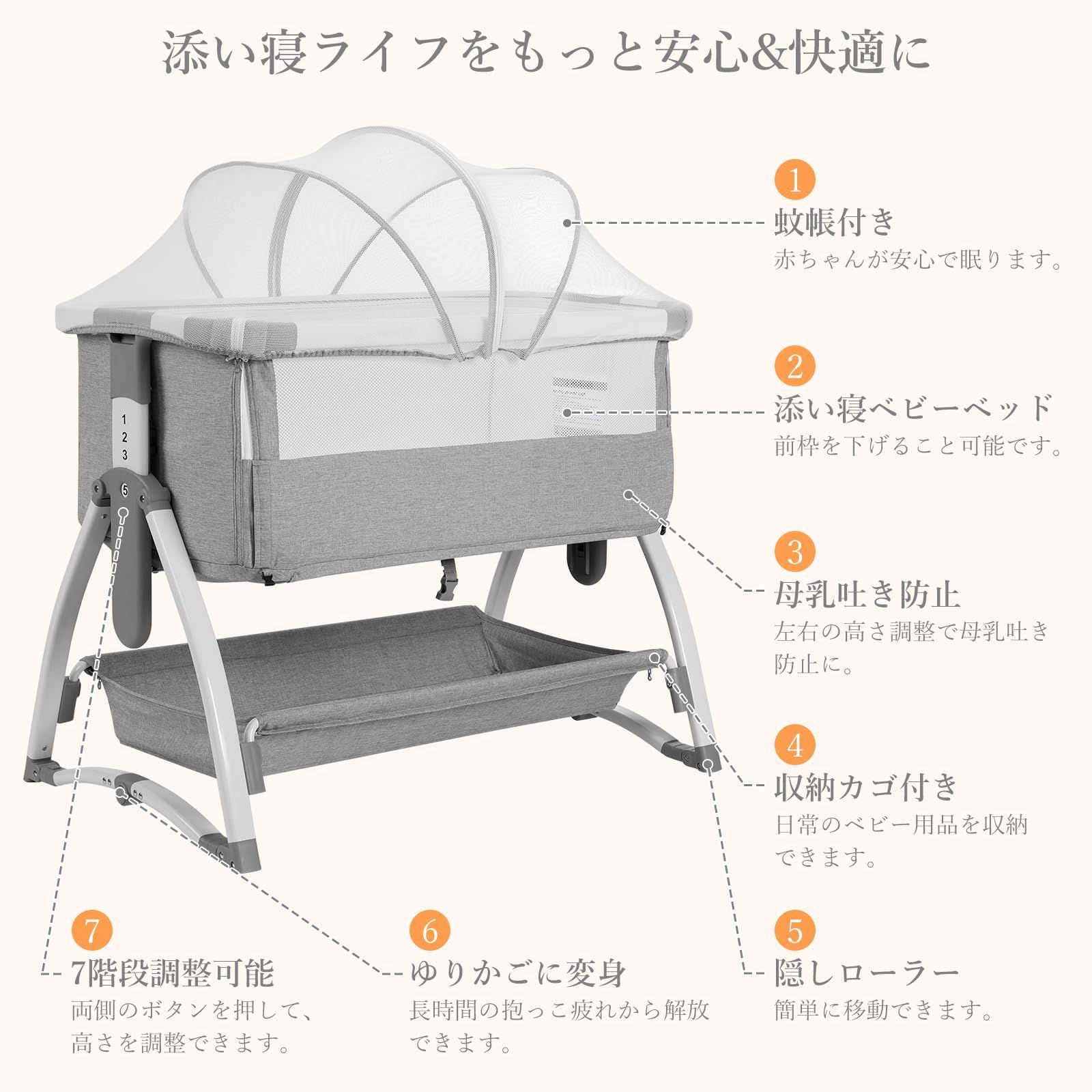 Thinkmax ベビーベッド ゆりかご ベビーラック 折りたたみ キャスタ付き コンパクト 通気 洗濯便利 蚊帳付き 収納袋 マット 新生児ベッド ベビーサークル 添い寝ベッド 出産祝い グレー