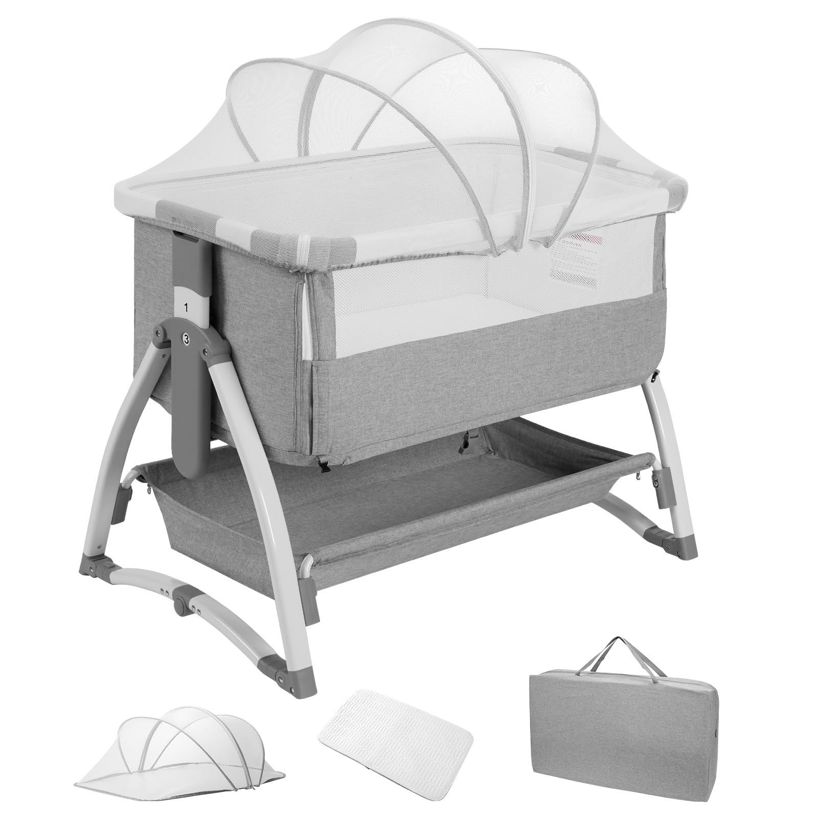 Thinkmax ベビーベッド ゆりかご ベビーラック 折りたたみ キャスタ付き コンパクト 通気 洗濯便利 蚊帳付き 収納袋 マット 新生児ベッド ベビーサークル 添い寝ベッド 出産祝い グレー