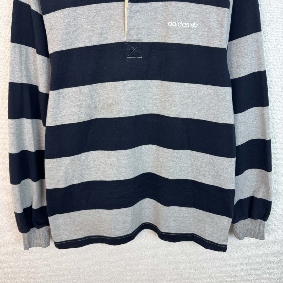 adidas アディダス ラガーシャツ ボーダー 総柄 刺繍ロゴ グレー