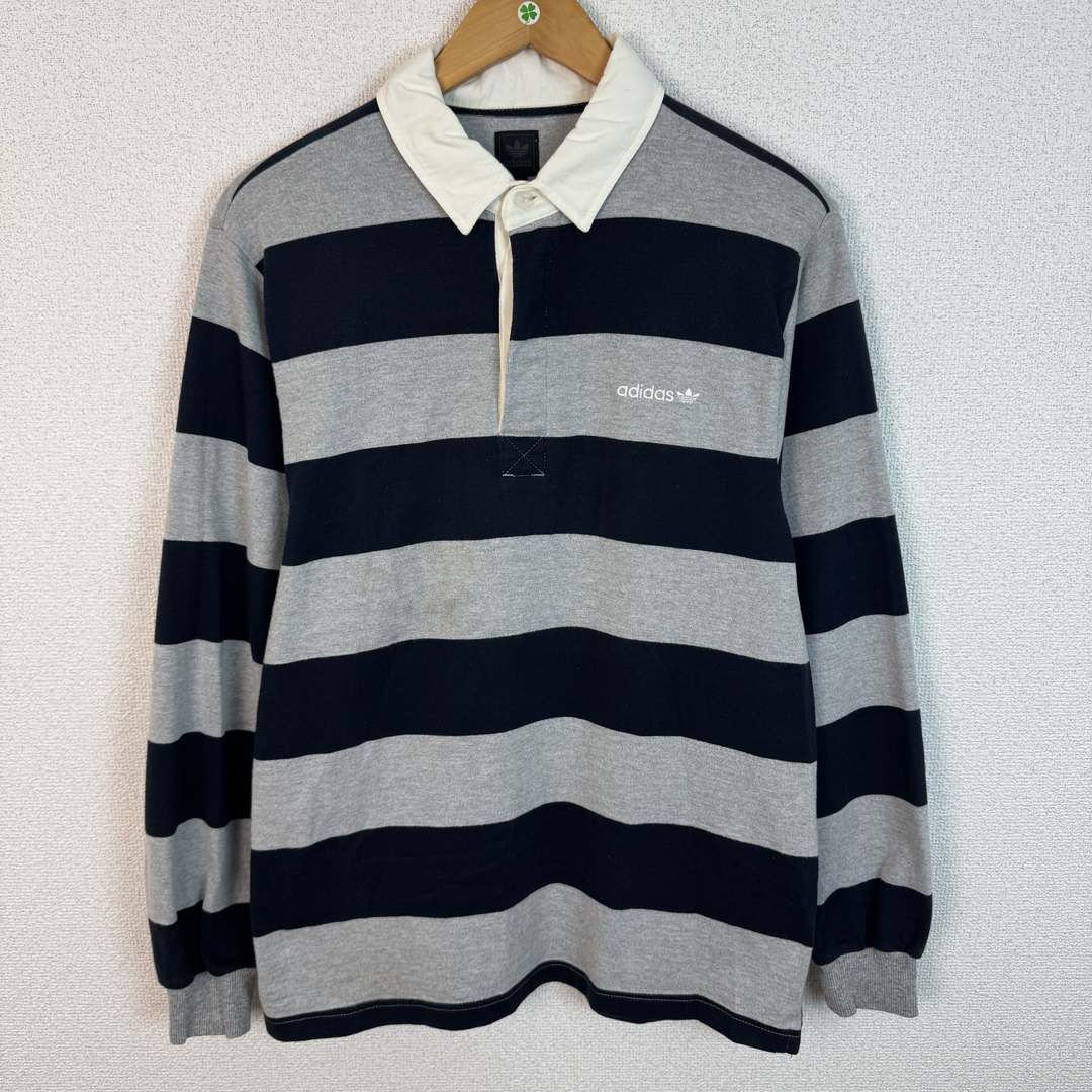 adidas アディダス ラガーシャツ ボーダー 総柄 刺繍ロゴ グレー
