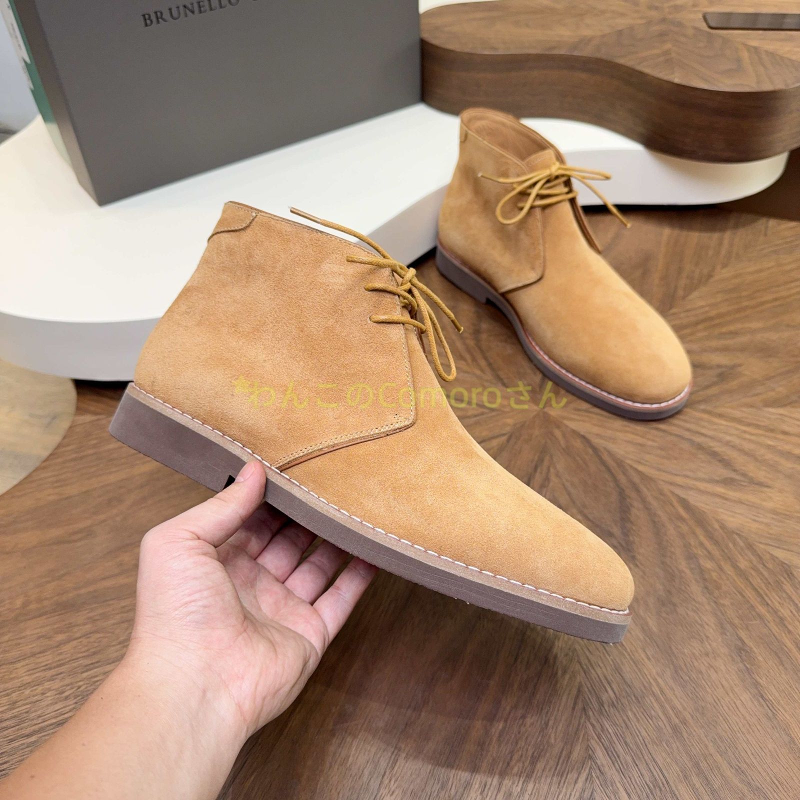 キャメル25.0 27.0 cm ブルネロクチネリ メンズスエードデザートブーツ 本革スエード レースアップ カジュアルビジネス ラバーソール