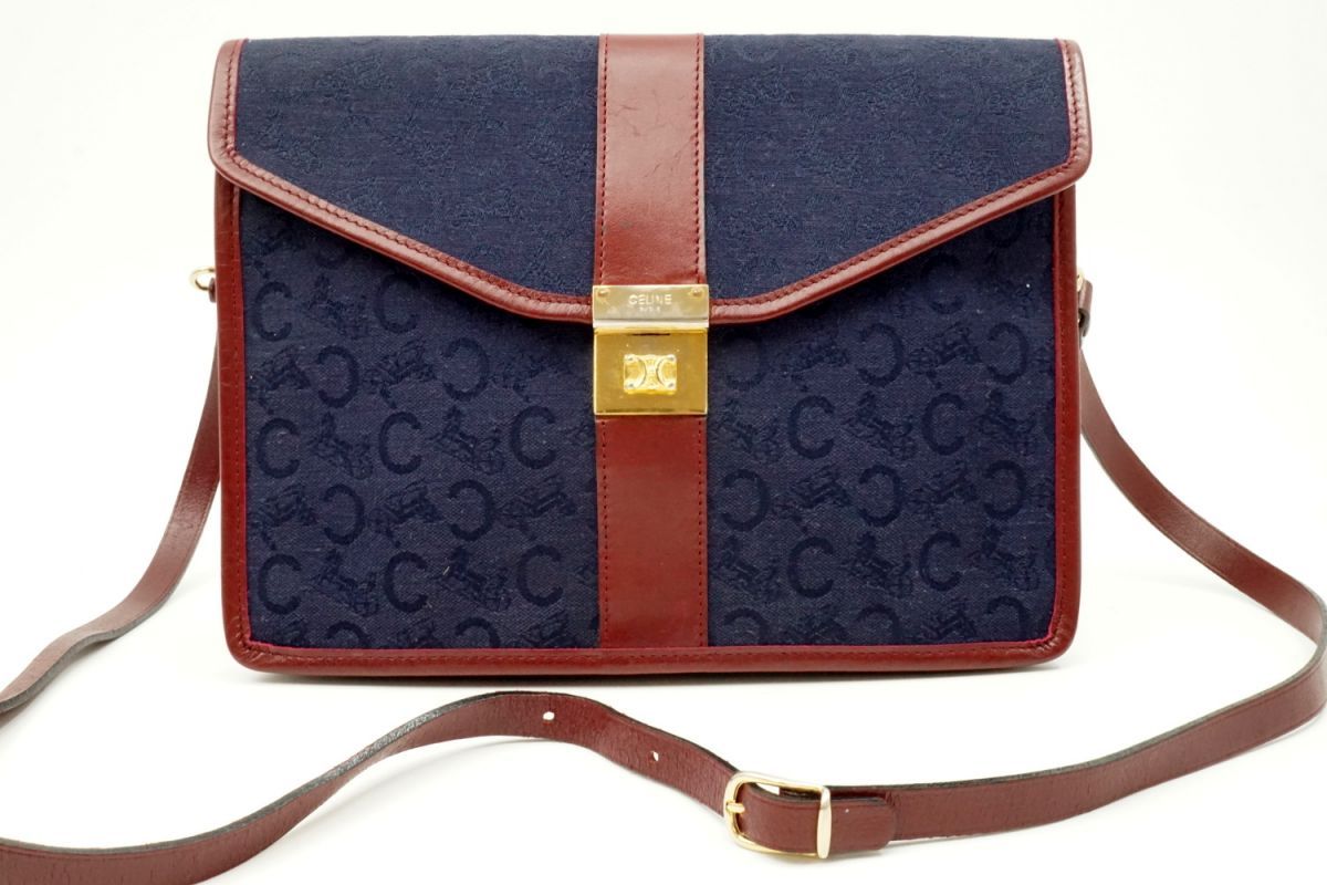 Celine Vintage 2 Way Shoulder Bag Clutch Triomphe C Sulky Canvas Navy Navy CELINE 3837h