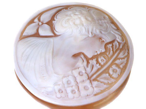 シェル　カメオルース　ラファエレ　ペルニーチェ ラファエレ・ペルニーチェ作 素敵な少女と小鳥と花の彫刻 高級シェル