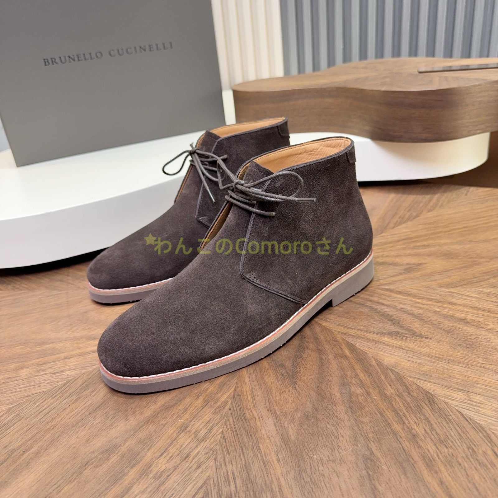 ダークブラウン25.0 27.0cm ブルネロクチネリ メンズスエードデザートブーツ 本革スエード レースアップ カジュアルビジネス ラバーソール