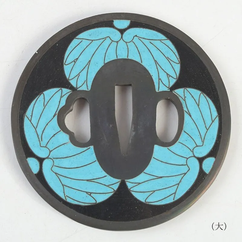 銅製七宝三つ葉葵文鐔 刀装具 一對 桐箱付 V107 1F28 銅製七宝三つ葉葵