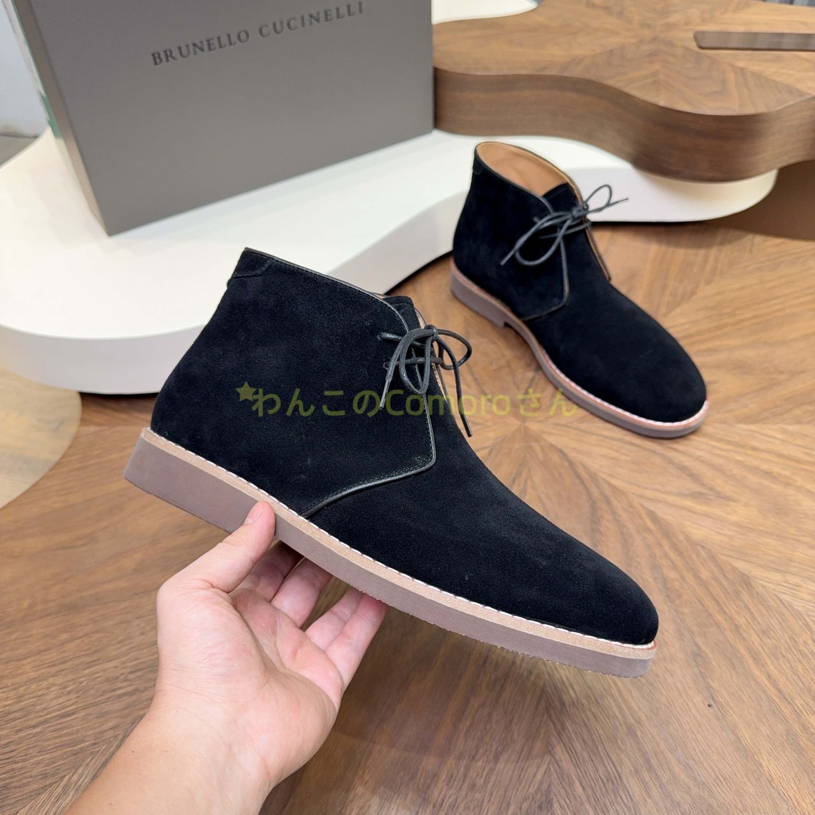 ブラック25.0 27.0 cm ブルネロクチネリ メンズスエードデザートブーツ 本革スエード レースアップ カジュアルビジネス ラバーソール