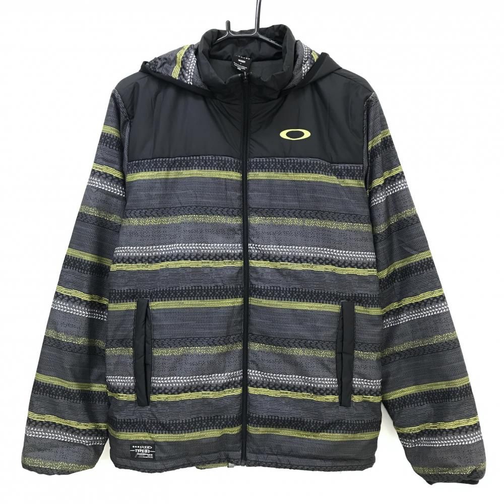 オークリー フード付中綿ジャケット グレー×イエロー 一部ボーダー風 裏微起毛 メンズ MEDIUM ゴルフウェア Oakley
