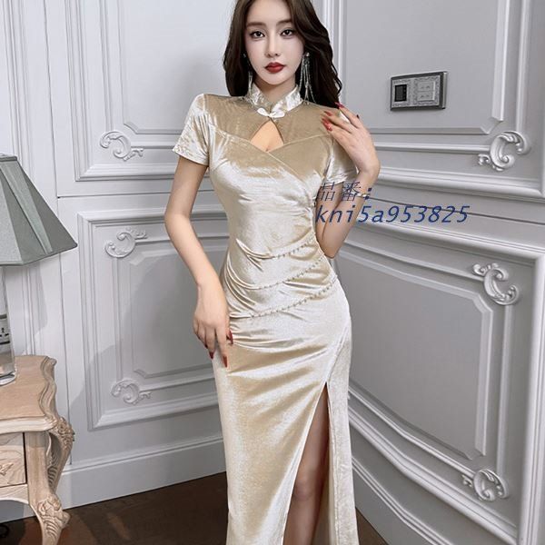 チャイナ襟ウエストビジュの前スリット入りロングドレス 3L