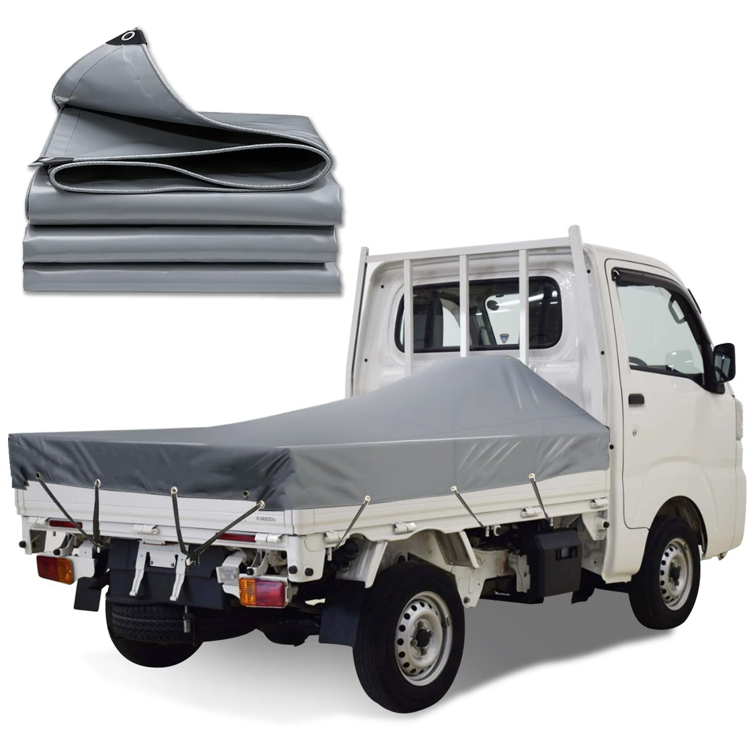 【在庫セール】KUKUAN 荷台シート 防水シート 荷台カバー エステル帆布 防水仕樣 580ｇ/ PVC帆布 日焼け防止 軽トラック用 (グレー 1.9m×2.1m)