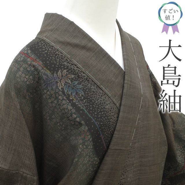 すごい値 本場大島紬 リサイクル 着物 袷 正絹 7マルキ 泥染 こげ茶 葉 花 カジュアル 上質 やまと扱い 仕立て上がり 身丈162 裄丈68 Ｍ～Ｌサイズ 春 秋 冬 撥水加工済 すごいね みやがわ nek01523