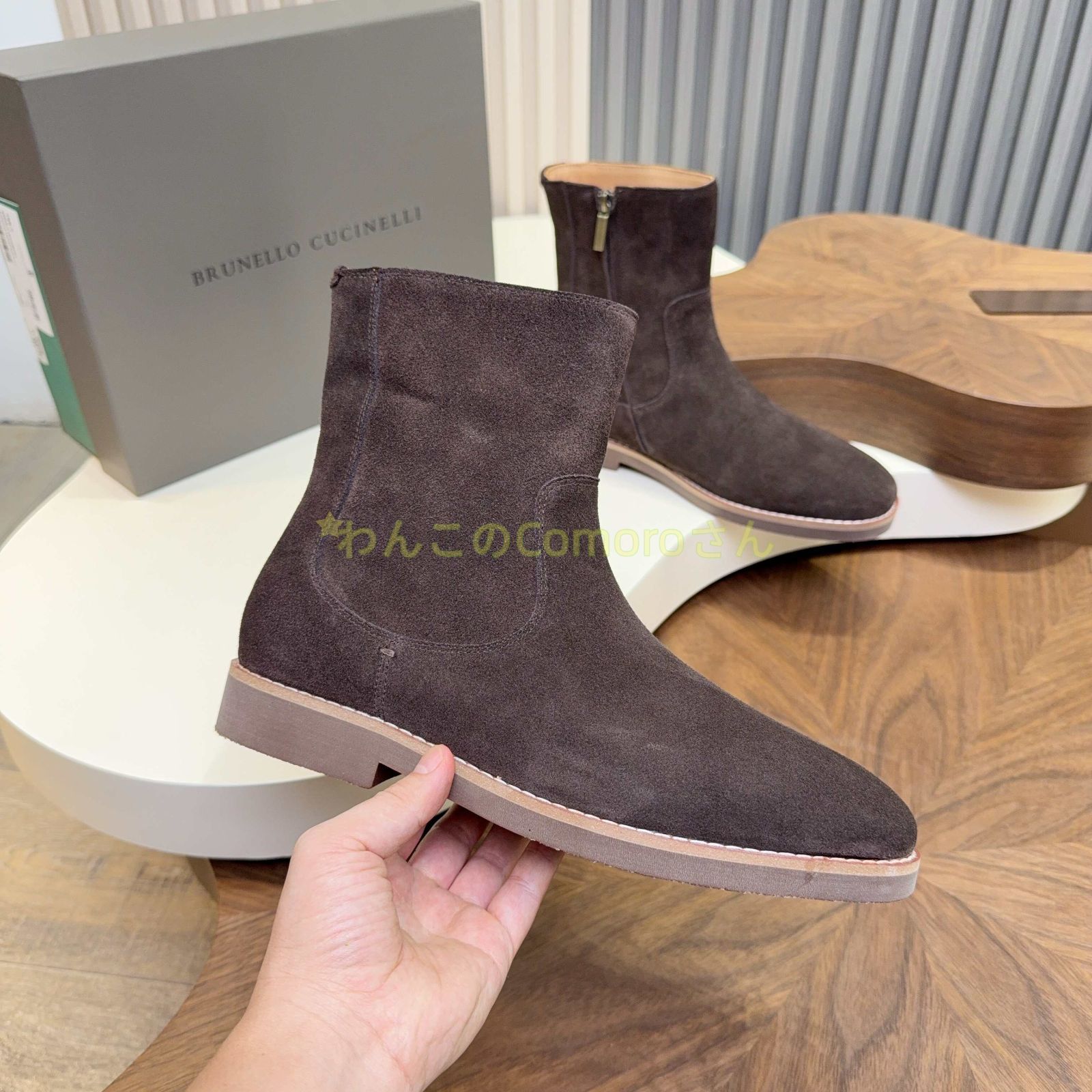 ダークブラウン25.0 27.0 cm ブルネロクチネリ メンズチェルシーブーツ スエード サイドジップ ラバーソール ビジネス
