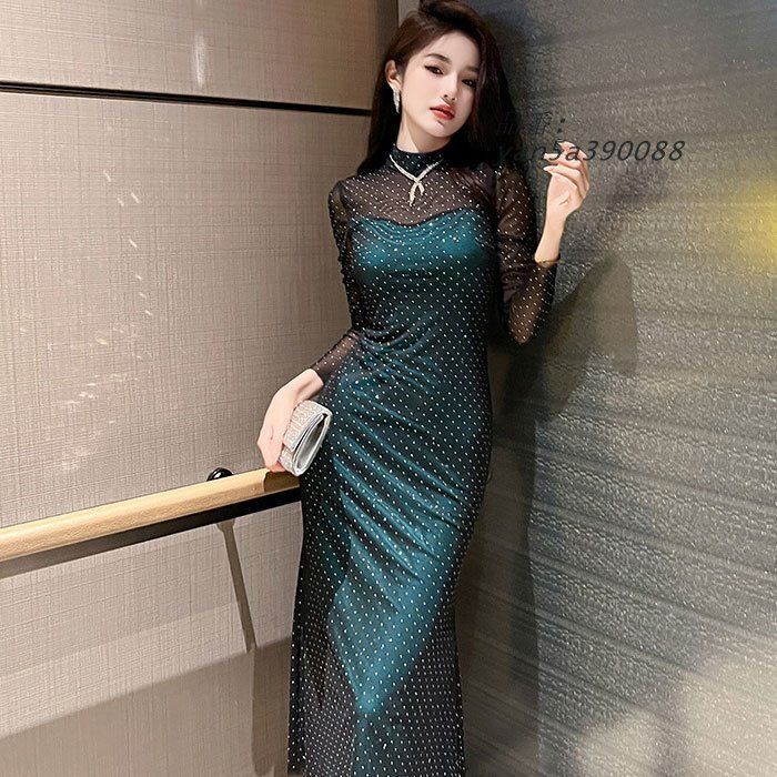 ロングマーメイドワンピース 黒×緑