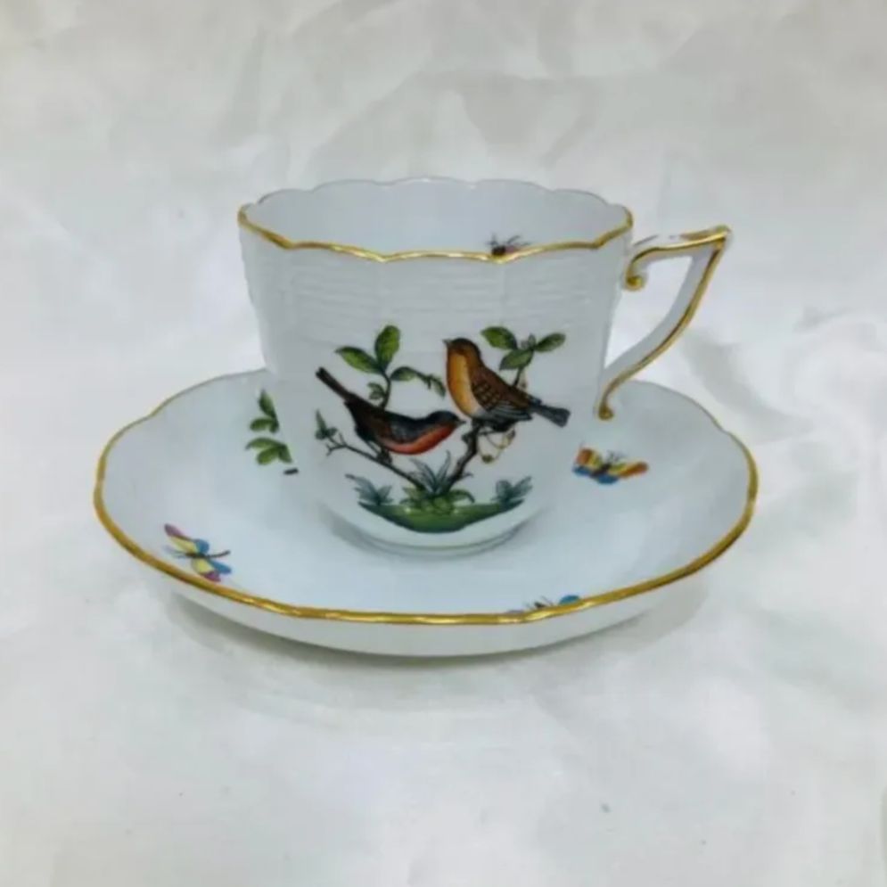 A 保管品 HEREND ヘレンド ロスチャイルド 鳥 バード RO コーヒーカップ＆ソーサー アンティーク 1客 おしゃれ 祝い インテリア ブランド 感