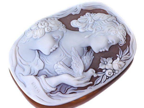 ジュエリー マルセーロ リパ作 な2人の女性と鳥の彫刻 シェルカメオルース 70.1ｍｍ×52ｍｍ w5849o