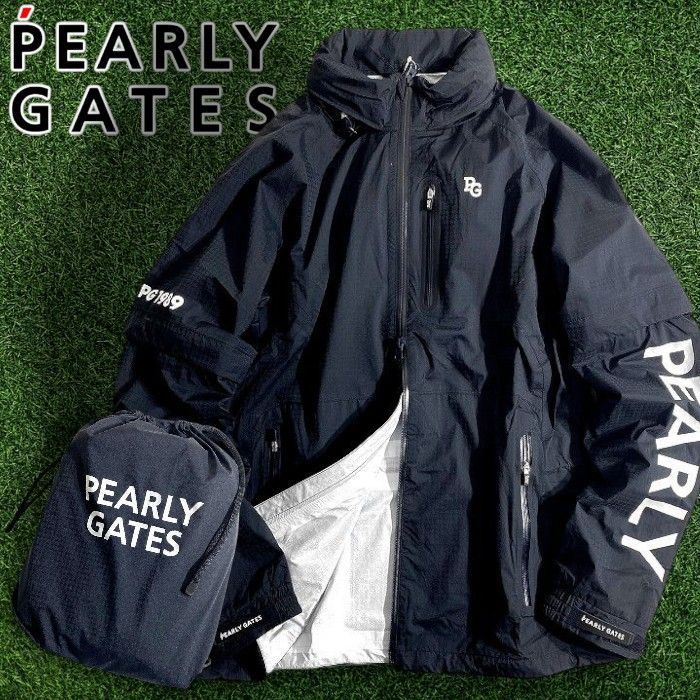 パーリーゲイツ ゴルフ 撥水×防風 Nyドビー シャドー千鳥柄 ストレッチ 2wayスリーブ ダブルジップ フーディジャケット ブルゾン レインウェア ゴルフウェア 053-2988301 定価4万 ネイビーブラック ▲045 51015w03