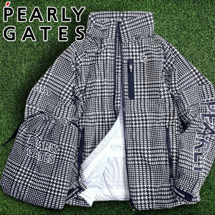 パーリーゲイツ ゴルフ 撥水×防風 Nyドビー 千鳥柄 ストレッチ 2Wayスリーブ ダブルジップ フーディジャケット ブルゾン レインウェア ゴルフウェア レディース 053-2988304 定価4.1万 ブラック ホワイト ▲046 51017w07