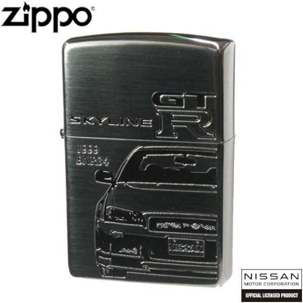 日産 ZIPPO NISSAN SKYLINE GT-R BNR 34 BK ブラック サテン ミラー コンビメッキ シリアルナンバー入り スカイライン ジッポー ライター ジッポ オイルライター